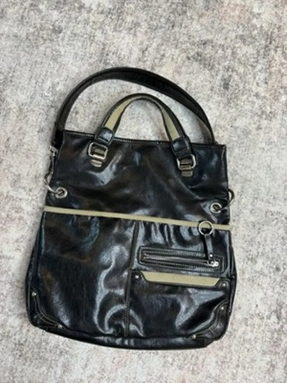 VTG Y2K Nine West Black Faux Leather Utility Tote Bag Gorpcore Canvas Cargo EUC